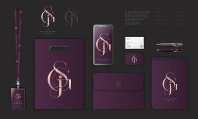 G, S and J monogram. Gold and Silver Jewelry. Identity: lanyard, badge, paper bag, screen, envelope, pen, business card. Purple theme.