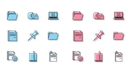 Set line Document settings with gears, File document, folder, and binder clip, Push pin, and Scotch icon. Vector