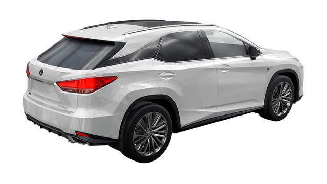 Tokio. Japan. July 26, 2022. White Lexus RX450 F-Sport on transparent background. A modern medium SUV of premium level with sophisticated Asian design and advanced equipment. 3d rendering.
