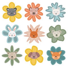 Doodle nursery animals collection. Cute animals in shape of flowers. Hand drawn Scandinavian style for Baby shower, children's party, baby room, children's invitations, posters. Cute pastel collection