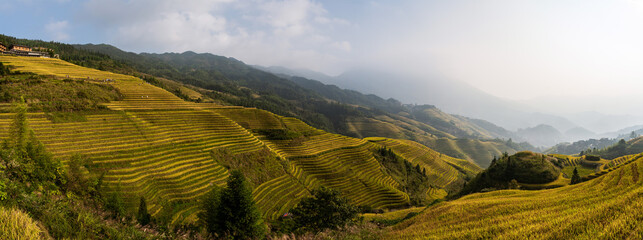 Panorama views of Longji Rice Terraces China Sunrise hour