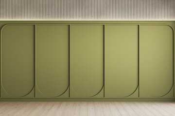 Contemporary classic interior with green wall panels. 3d render illustration mockup.