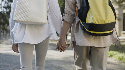 Male and female school students holding hands, romantic date after classes