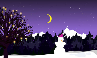 Obraz na płótnie Canvas Winter forest with decorated tree with garlands, with a snowman, in the evening. The concept of the new year. Vector illustration