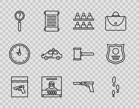 Set line Evidence bag and pistol or gun, Footsteps, Jurors, Wanted poster, Magnifying glass with search, Police car flasher, Pistol silencer and badge icon. Vector