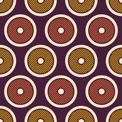 Abstract seamless pattern with circles. Geometric shapes pattern. Striped circles. Repeating circles ornament. Retro color pattern. Color vector circles background.