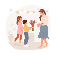Spring flowers isolated cartoon vector illustration. Small kids giving mommy bunch of flowers, Easter celebration with family, religious holiday with gathered relatives vector cartoon.