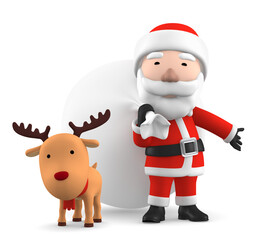 Santa Claus with reindeer on transparent background, 3D illustration