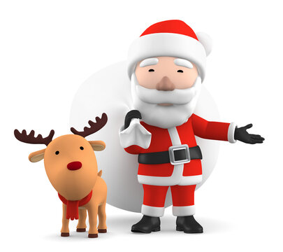 Santa Claus with reindeer on transparent background, 3D illustration