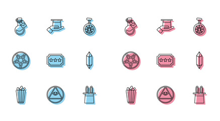 Set line Popcorn in box, Masons, Bottle with love potion, Magician hat and rabbit ears, Ticket, stone, Pentagram circle and hand icon. Vector