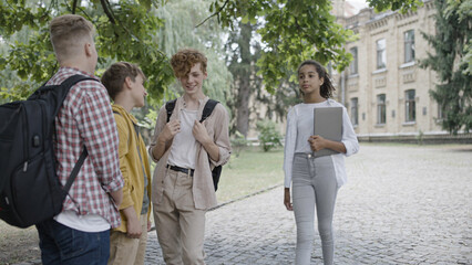 Three shy school boys watching pretty girl walking by, first love, crush