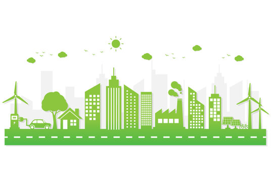 sustainable energy development banner template. vector illustration modern in flat design. green ecology cityscape on white background. Clean energy concept. help the world with eco-friendly .