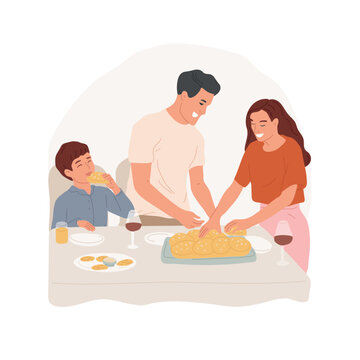 Challah Isolated Cartoon Vector Illustration. Family Eating Jewish Baked Bread For Religious Holiday, Celebrating Hanukkah Together At Home, Having Festive Challah Dinner Vector Cartoon.