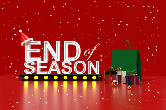 Red background and text END of SEASON decorated with Christmas and New Year ornaments for sale, discount, and promotion display. 3D rendering.