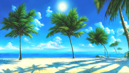 Fototapeta premium Sunny beach on the sea, tall palm trees, horizon. Fantasy seascape with palm trees, sand, blue sky. The perfect place, vacation, island. unreal world. 3D illustration