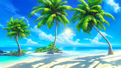 Sunny beach on the sea, tall palm trees, horizon. Fantasy seascape with palm trees, sand, blue sky. The perfect place, vacation, island. unreal world. 3D illustration