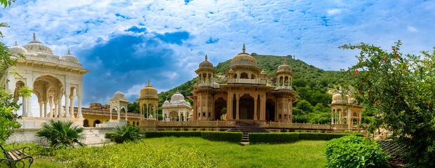 Panoramic View of The Beautiful Architecture of Gatore Ki Chhatriyan ,was responsible for maintaining the royal crematorium grounds. Selective Focus is used.