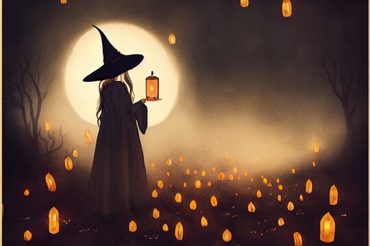 Magical witch silhouette standing in halloween forest, illustration.