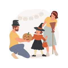 Getting ready for Halloween isolated cartoon vector illustration. Happy family preparing for Halloween celebration together, little girl trying on costumes, public holiday vector cartoon.