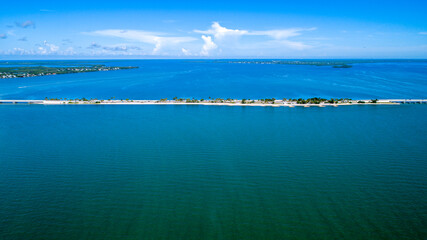 Aerial View of the Causeway Bridge Before Hurricane Ian in Sanibel, Florida with the Bay and a...