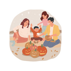 Lighting bonfires isolated cartoon vector illustration. Happy and smiling people lighting bonfires together, honoring old traditions, Halloween pumpkins, public holiday party vector cartoon.