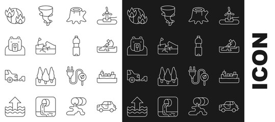 Set line Car, Oil tanker ship, Wrecked oil, Tree stump, Earthquake, Polar bear head, Global warming fire and Bottle of water icon. Vector