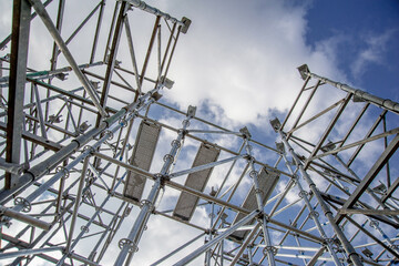 Support system of scaffolding with wooden beams at bridge construction.