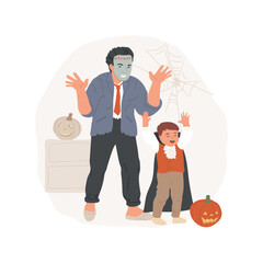 Scaring guests isolated cartoon vector illustration. Father and son in spooky costumes scaring guests, playing Halloween games, happy childhood, people celebrating holiday vector cartoon.