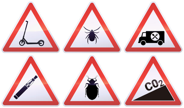 Collection of white, black and red triangular warning signs of various dangers, such as trotinette, ticks, food trucks, vaping, cockroaches and rising C02 (metal reflection)