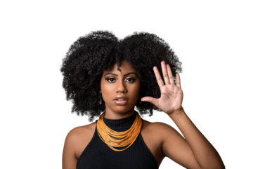 black woman makes gesture with open hand, denounces assault, moral harassment, cowardice, violence against women