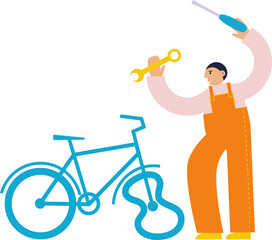 Man holds tools in his hands near the broken bicycle. Repair bike. Flat illustration
