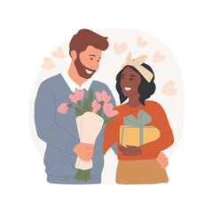 Valentines Day isolated cartoon vector illustration. Diverse couple celebrates saint valentines day, love and happiness, romantic relationship, gifts and flowers at the table vector cartoon.