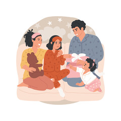 Pajama party isolated cartoon vector illustration. Family members in pajamas with the same pattern, together in a living room, unpacking presents, holiday time, home party vector cartoon.