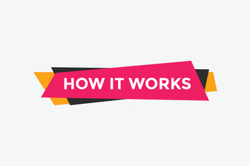 How it works text button. How it works sign speech bubble. Web banner label template. Vector Illustration
