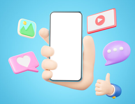 3D human hand holding smartphone. Social media icon with love, like, photo, play video, comment floating on isolated. Mobile phone blank white screen. Mockup Cartoon smooth. 3d render. Clipping path.
