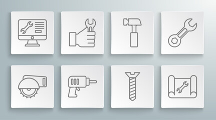 Set line Electric circular saw, Wrench spanner, drill machine, Metallic screw, Graphing paper and wrench, Hammer, and Computer monitor service icon. Vector