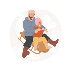 Sleds isolated cartoon vector illustration. Outdoor winter activity, family riding sleds, active leisure time, kids and parents sledding down the hill, seasonal outdoor activity vector cartoon.