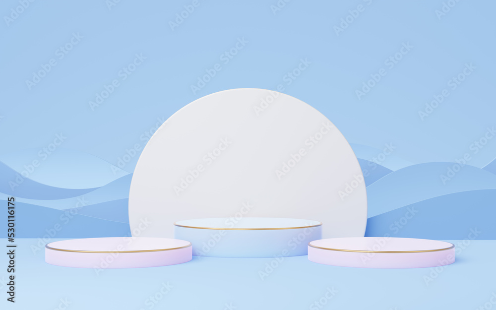 Wall mural 3 violet cylinder pedestal with gold border and circle on blue wave background. 3d empty podium mock