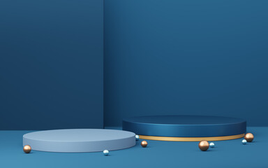 2 Blue cylinder podium with gold border and ball on copy space wall background. 3d empty pedestal mockup space for display product. Abstract dark minimal geometric object. 3d render illustration.
