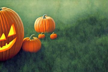 Scary carved pumpkin in the grass