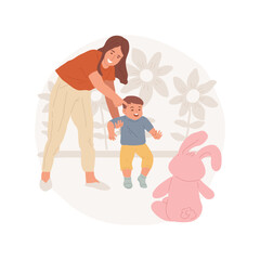 First steps isolated cartoon vector illustration. Child making first steps, parent encouraging showing the toy, toddler physical development, raising children, learn walking vector cartoon.