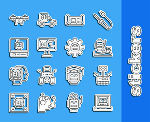 Set line Creating robot, Robot, humanoid driving car, blueprint, Software, Drone and icon. Vector