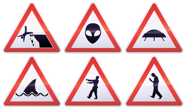 Collection of white, black and red triangular warning signs of atypical dangers, such as falling off a cliff, aliens, flying saucers, shark attacks, zombies and smombies (metal reflection)