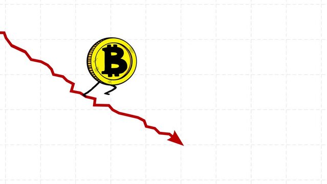Bitcoin rate still goes down seamless loop. Walking down coin. Bitcoin character falling down fast. Funny business cartoon.