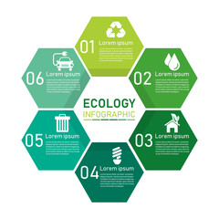 ecology hexagon infographics green with six element. sustainable and environmental friendly concept. vector illustration in flat style modern design. isolated on white background.