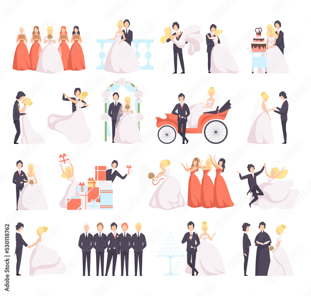 Sticker Newlyweds Couple as Just Married Male and Female in Wedding Dress and Suit Big Vector Set