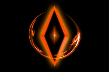 Bright orange rhombus in the dark, surrounded by a circular halo. Geometric abstract figures in orange neon light on black background. Concept of science fiction, fashion, halloween.