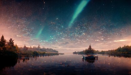 beautiful landscape, lake, starry night, northern lights.