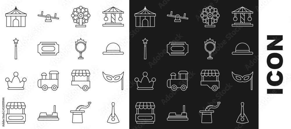 Sticker Set line Balalaika, Festive mask, Clown hat, Ferris wheel, Circus ticket, Magic wand, tent and fire hoop icon. Vector