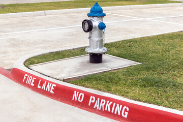 Grey and blue fire hydrant on sidewalk, red fire lane no parking marking on the pavement of the...